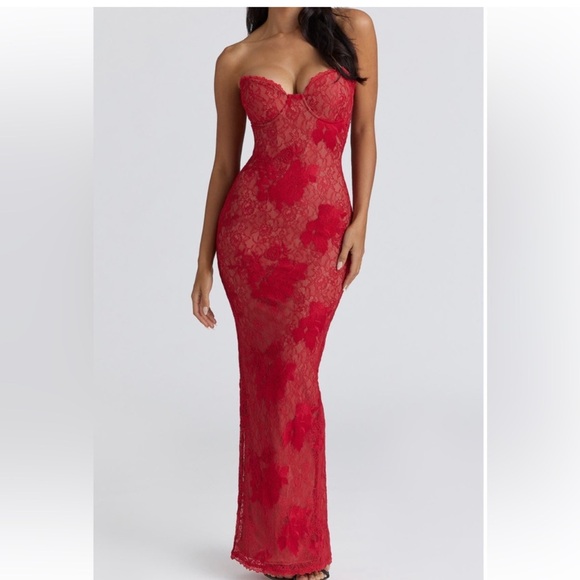 House of CB Dresses & Skirts - House of CB Lucienne Strapless Maxi Dress Red Lace Corset Gown Size Small